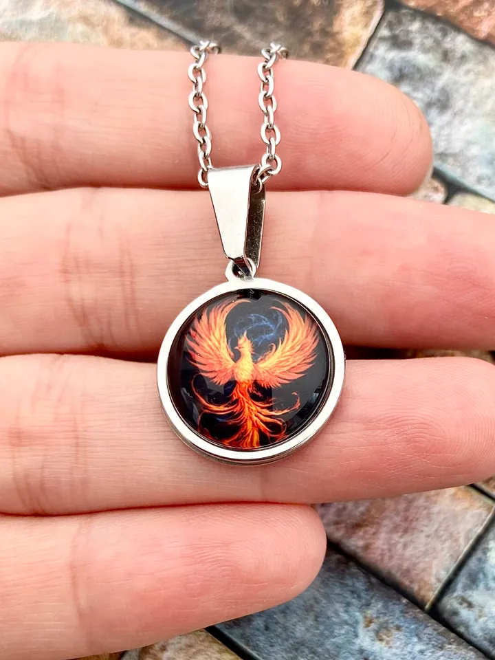 Phoenix necklace, steel pendant with glass, Fire bird, Fantasy jewelry lover