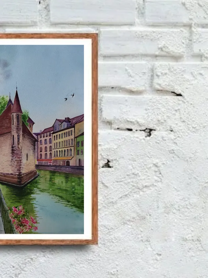 Annecy Town Painting French Cityscape Art Old French Town Artwork Original Watercolor Painting 11.8x15.7 inches by SoftWaves