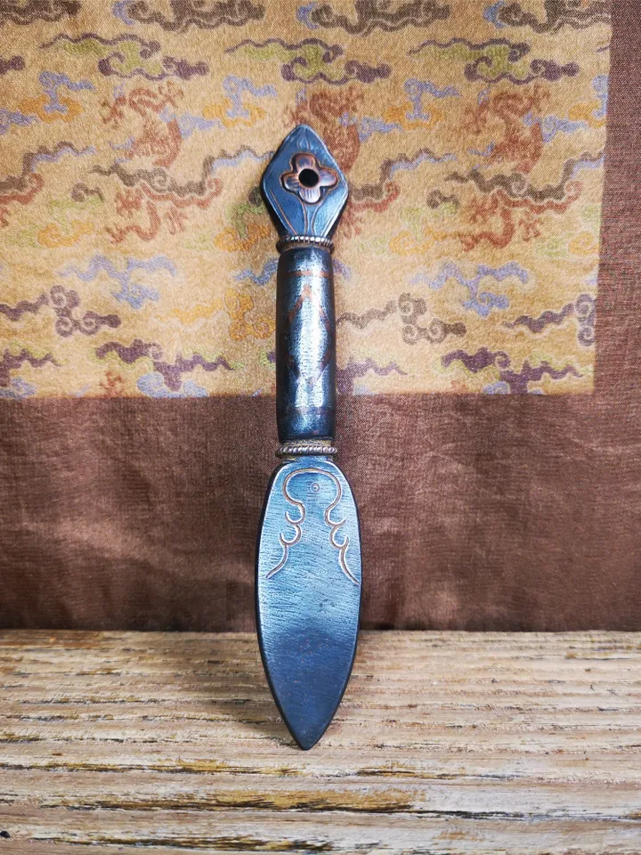 Gandhanra Handmade Tibetan Buddhist Ritual Implement - Kila -Dorje Phurba,Made of Cold Iron inlaid with Copper,5.5"