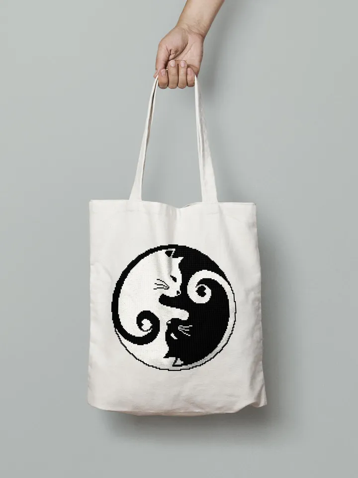 Yin Yang cat cross stitch pattern download PDF, Mandala cat embroidery PDF, Yin and yang cross stitch chart, Quick cross stitch sampler #M89