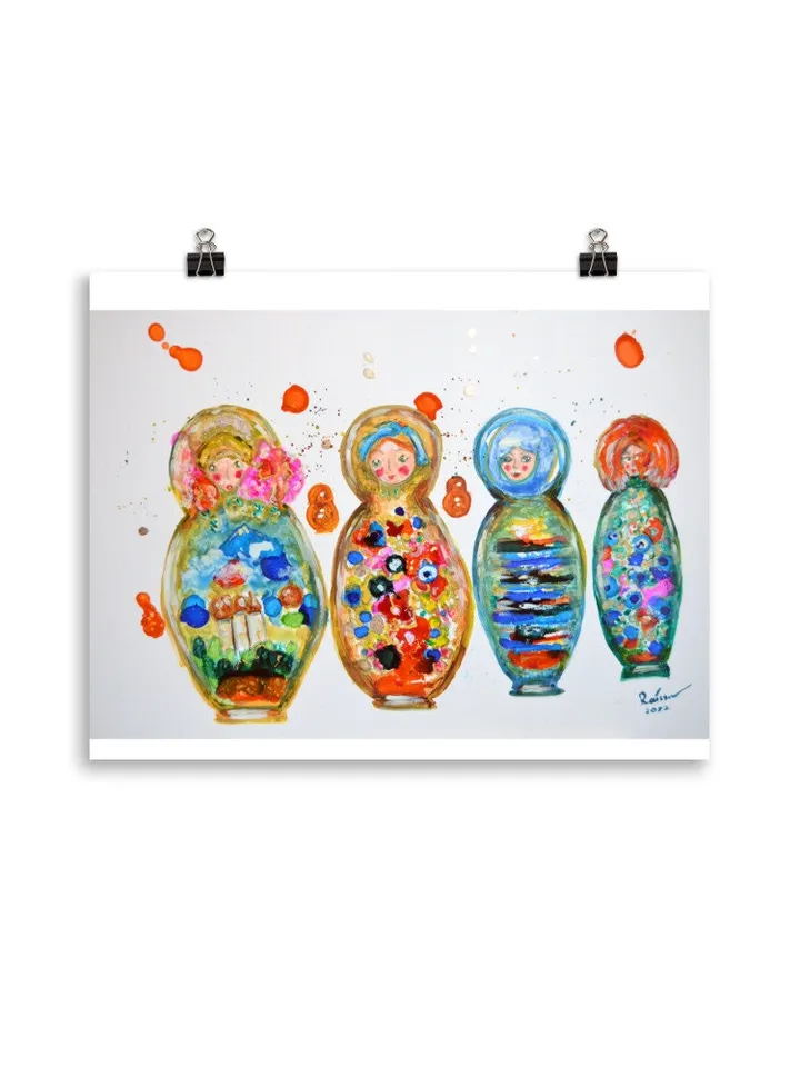 Russian dolls Poster, colourful poster made from my original mix media painting on yupo paper,dolls painting wall decoration