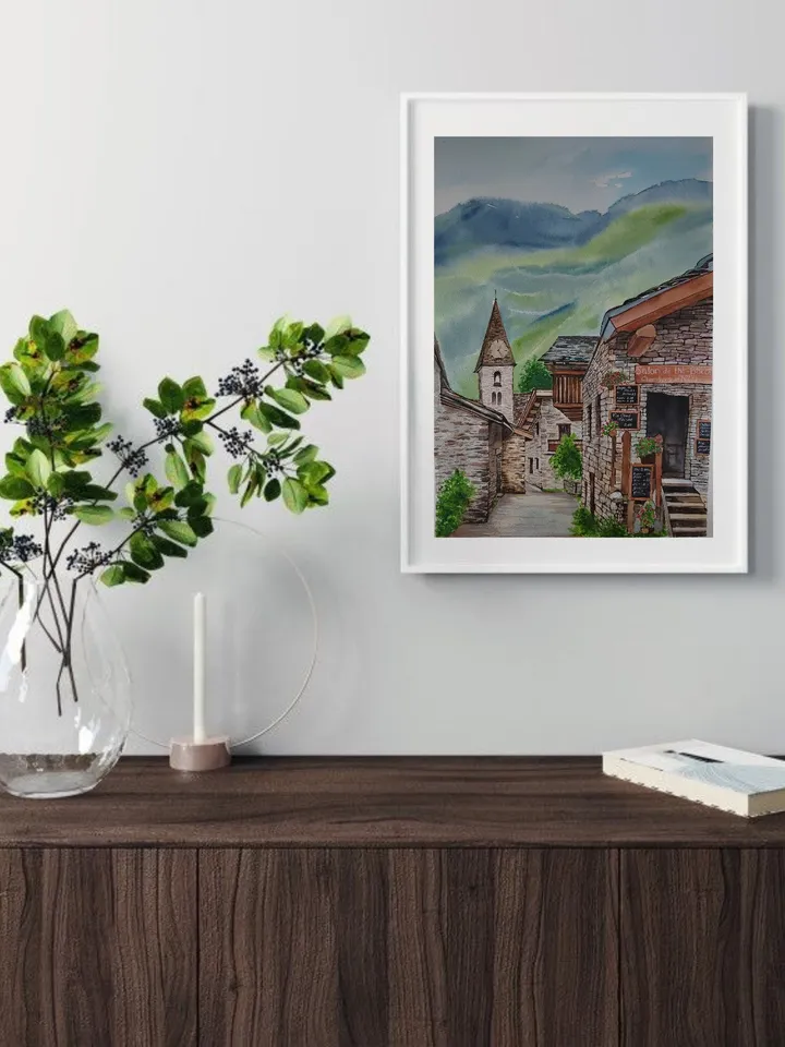 Stone Houses Artwork Medieval Village Art Alpine Village Picture 15x11 in Original Watercolor Painting by SoftWaves
