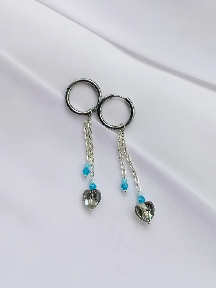 Handmade hoop earrings transformers with 6 pendants, blue and silver heart shaped earrings, Swarovski pearls earrings