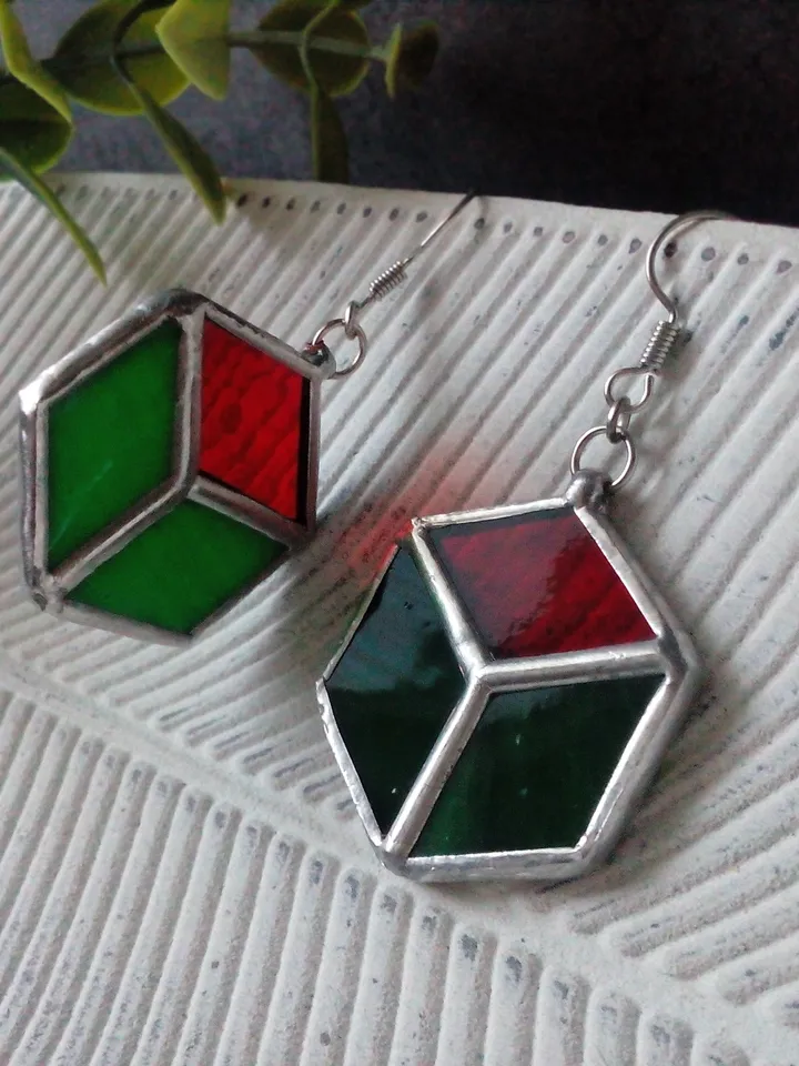 Cube earrrings, hexagon earrings, geometric earrrings, simple stained glass, green stained glass, honeycomb