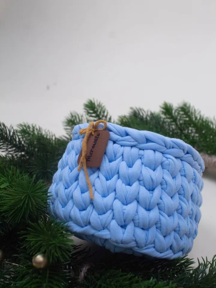 Knitting Pot Blue Home Boho Decor Art Small Yarn Knitwear Set Gift For Her Merino Wool Pencil Box Сraft Personalized Cosmetic Basket Trivia
