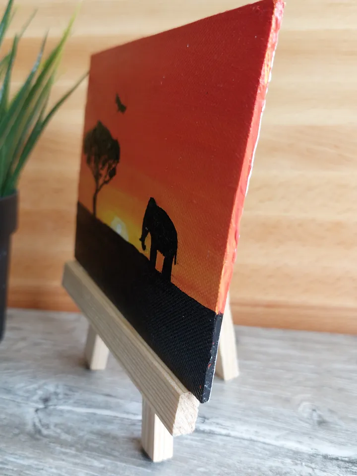 Mini painting depicting "Sunset in the jungle", Original design, Painting on a panel