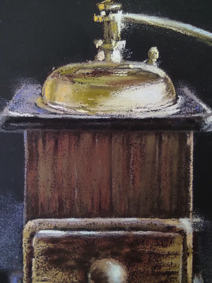 Coffee grinder. Kitchen utensils. Original soft pastel drawing.