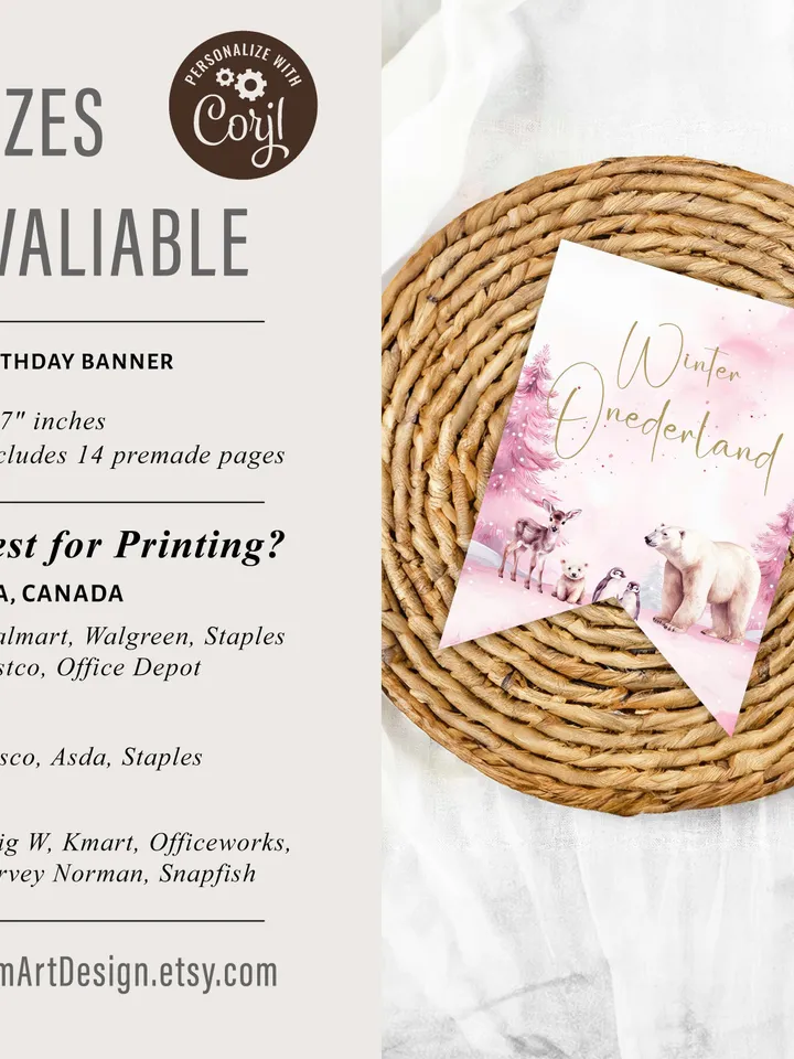 Winter Onederland Happy Birthday Banner for Girl, Pink Woodland Animal Happy 1st Birthday Banner Printable, Winter Birthday Decor - i123