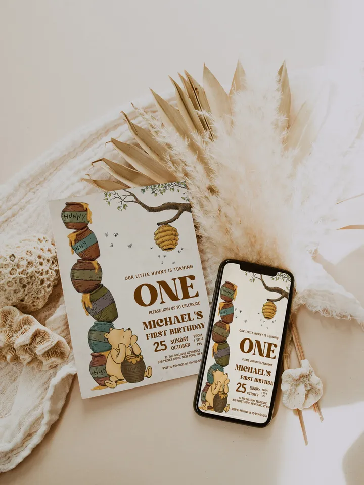 Classic Winnie Pooh Baby Birthday Digital Invite; Wizard  Baby Birthday Evite; Greenery Baby Birthday; Honey Bear Evite; Winnie Invitation