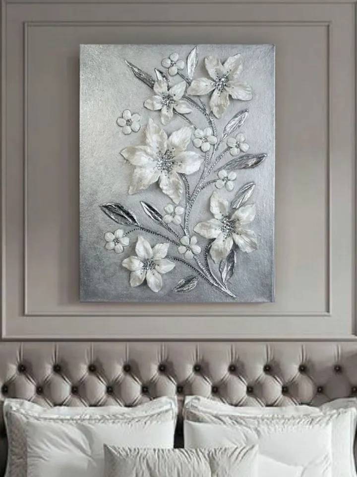 White Pearl Lilies Floral artwork | Silver Glittery Textured Flower Original Painting with Crystal