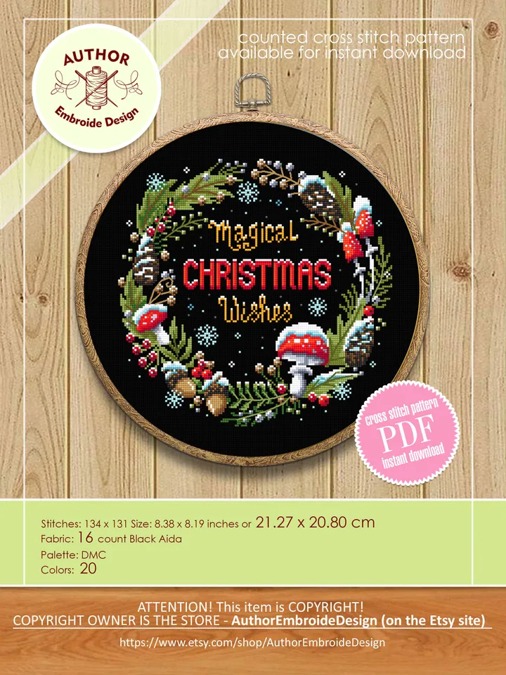Christmas wreath cross stitch pattern download PDF Magic mushroom cross stitch chart, Holiday embroidery, Christmas pattern digital PDF #N66