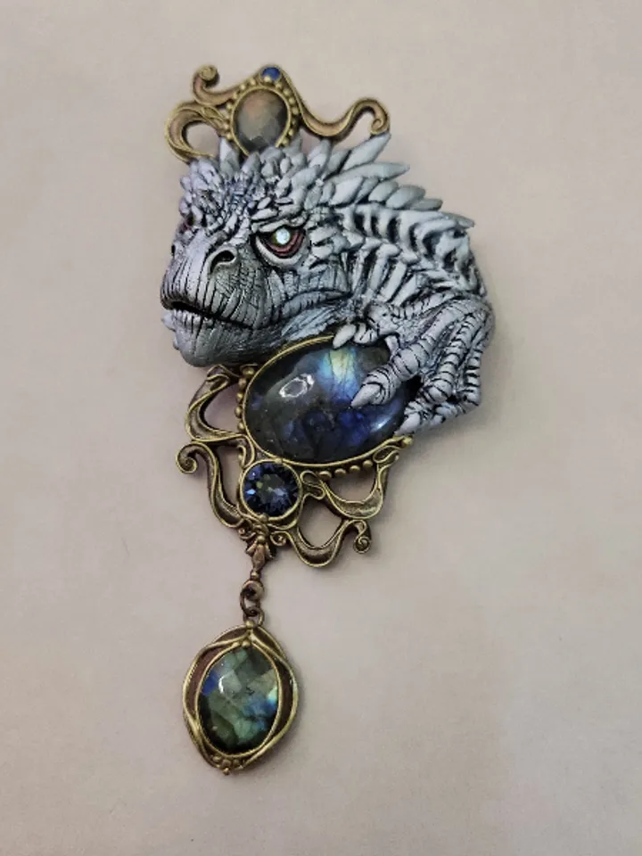 Brooch White Dragon, Dragon, Brooch with stones, unique brooch