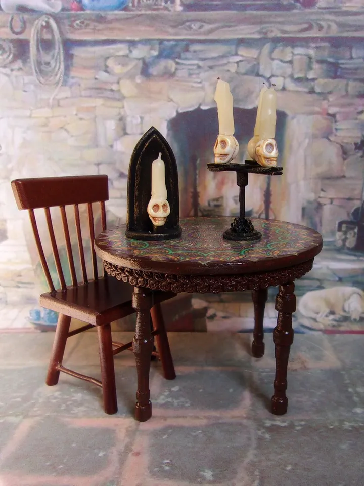Gothic candlesticks for stylized dollhouse. 1:12. Dollhouse miniature. handmade. Candlesticks with skulls.