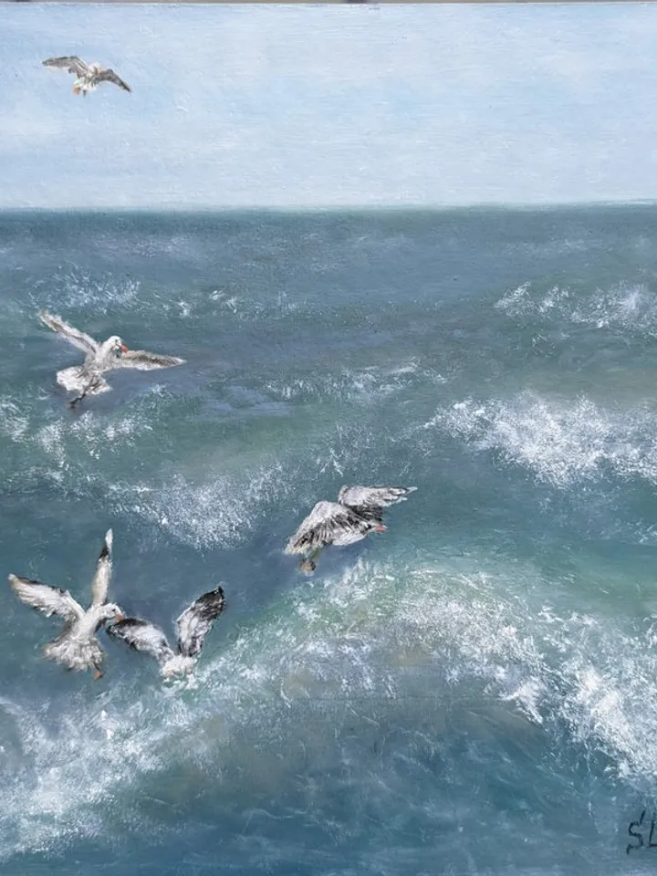 Seagulls Oil Painting Blue Sea And Birds Seascape Original Art 12x12 Inch