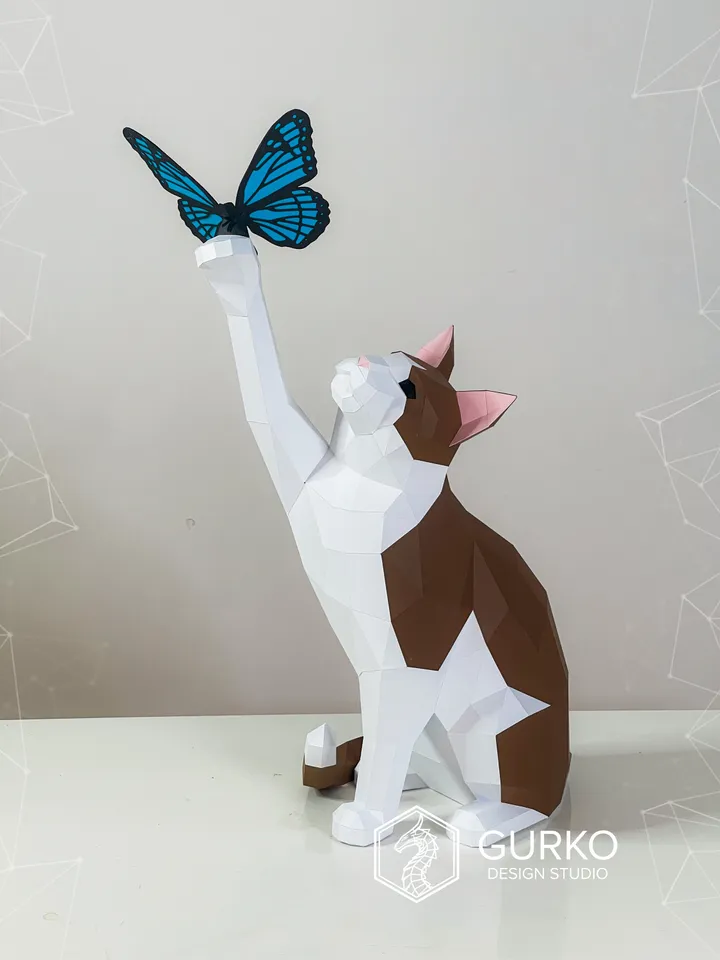Papercraft Cat With Butterfly, Digital Template, PDF Download, Gurko, LowPoly, Pepakura, Origami Sculpture, Paper Party Decoration, DIY Gift