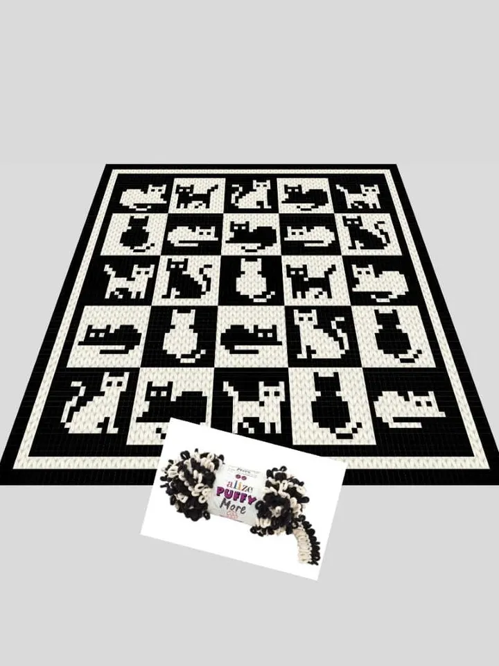 Loop yarn Finger knitted Cats Checkered blanket pattern PDF