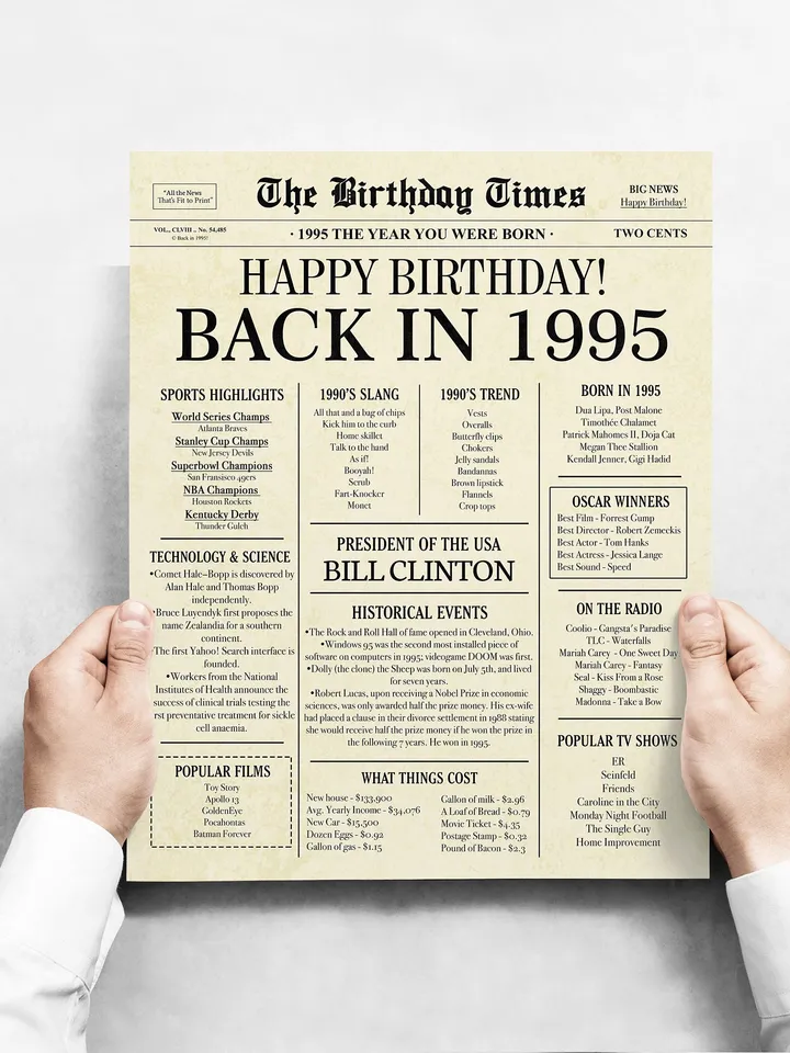 1995 30th birthday newspaper with USA fun facts, 1995 birthday board poster sign, birthday decoration, 30 years ago back in 1995 printable