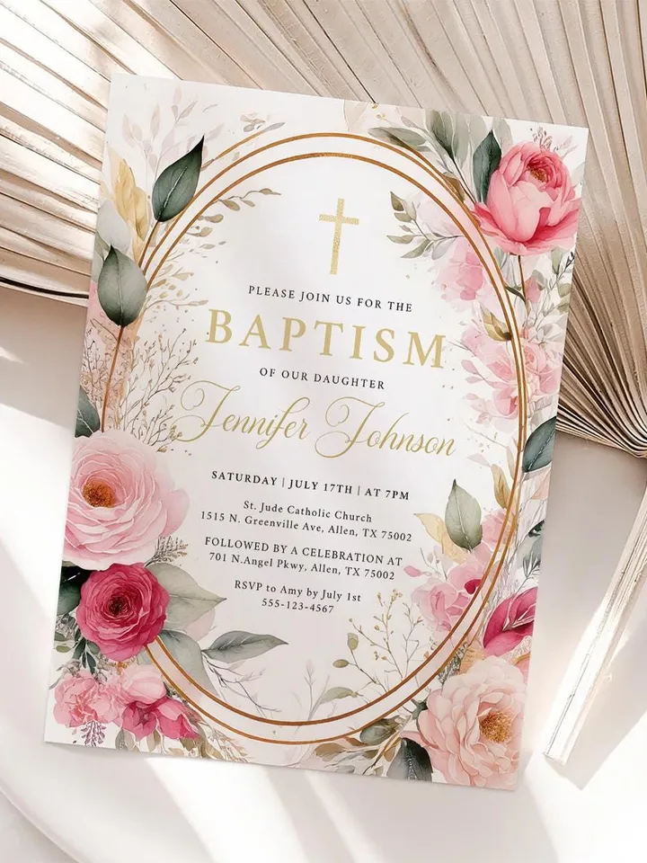 EDITABLE Floral Baptism Invitation, Printable Blush Pink & Gold Floral Template, Christening Digital Invite, Instant Download Canva template