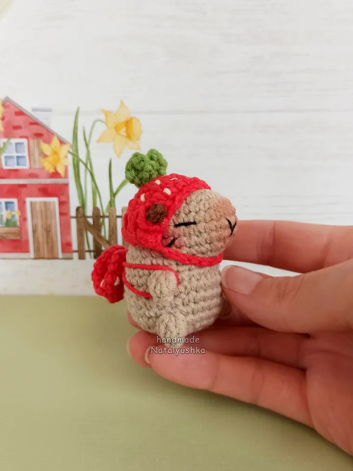 Capybara toy in costume, Capybara frog, Capybara strawberry, Crocheted small Capybara, Kawaii.