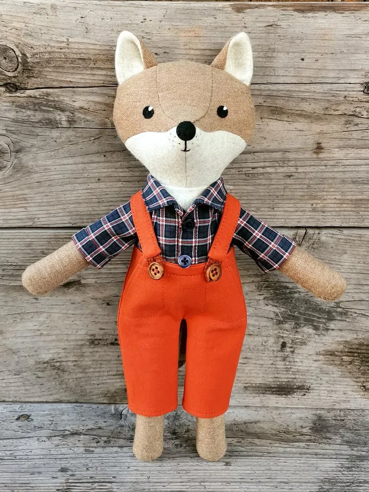 Beige coyote boy, stuffed wool coyote doll, textile plush soft toy