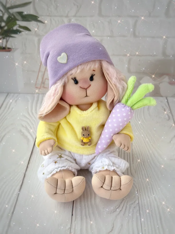 Lovey bunny toy. Handmade cute stuffed rabbit with clothes and carrot. Soft rag bunny doll for Easter gift.