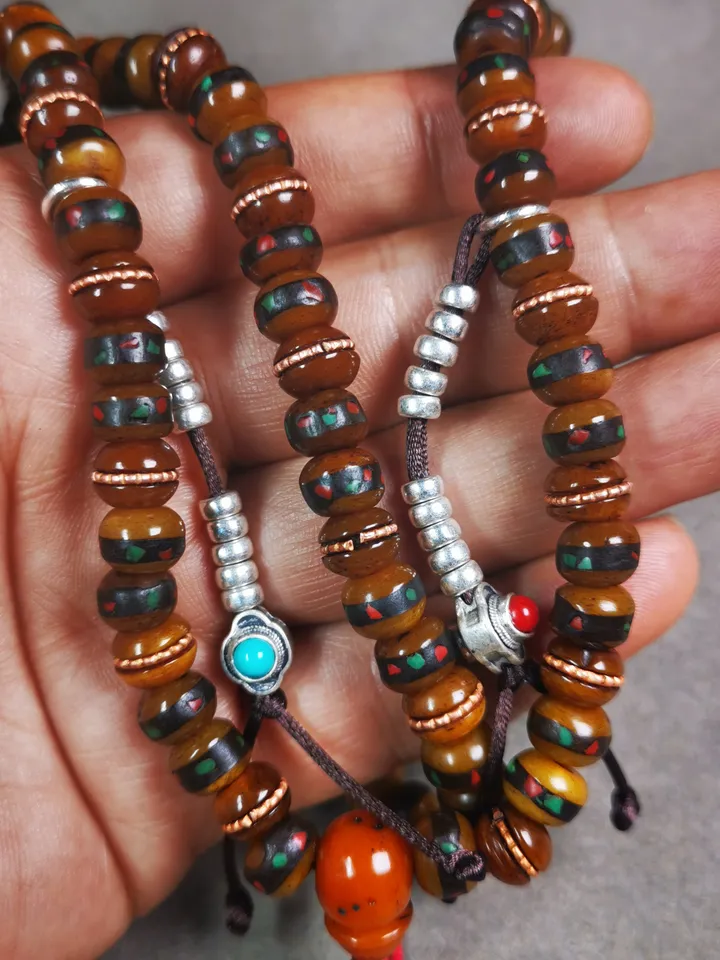 Gandhanra Handmade Antique Yak Bone Beads Mala,108 Prayer Beads Necklace with Bead Counters,for Meditation and Prayer