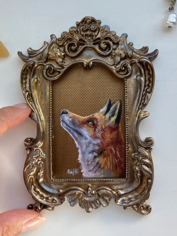Fox Oil Painting Original In Vintage Style Frame Small Framed Animals Wildlife Art
