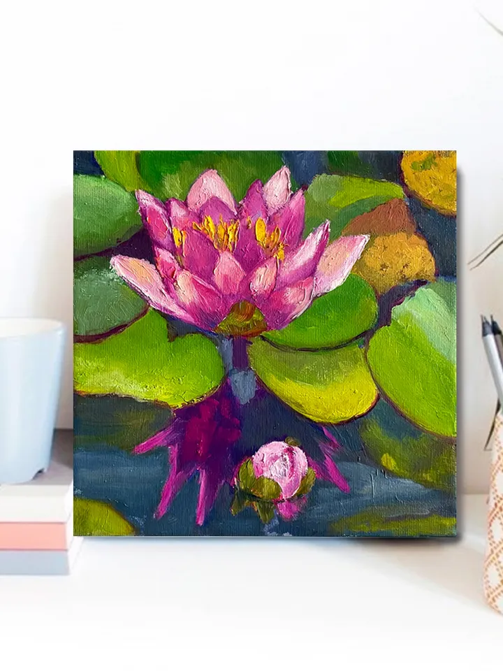 Water Lily Original Oil Painting on Canvas, Flowers Wall Art, Lotus Canvas Art
