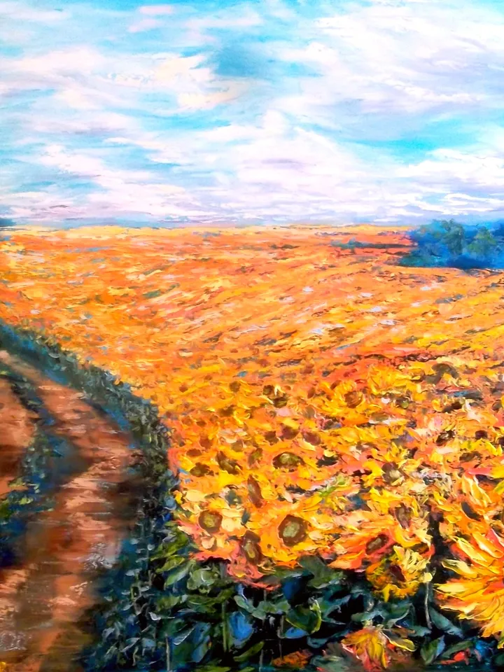 Sunflowers Field Impasto Art Original Oil Painting Large Canvas 32/40 Artist Svinar Oksana