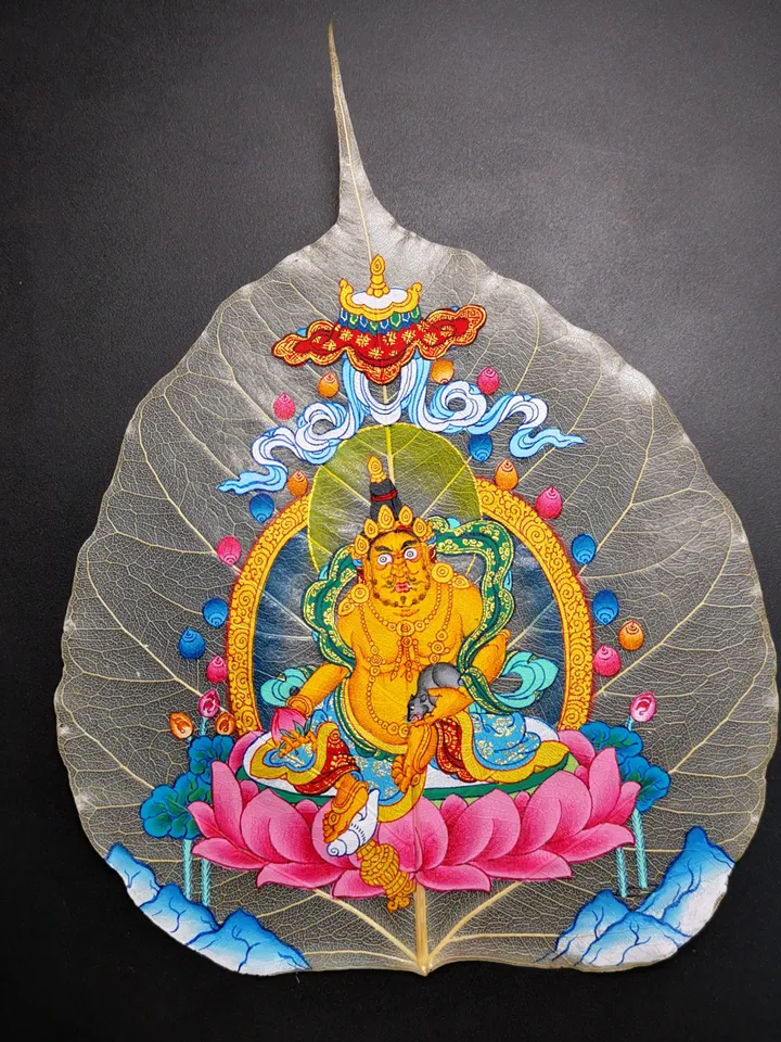 Gandhanra Handpainted Bodhi Leaf Thangka,Packed in Wooden Picture Frame,Painted with Natural Mineral Pigments,Yellow Jambhala Thangka