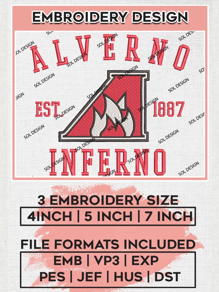 NCAA Alverno Inferno Team Est 1887 Logo Embroidery Design Files, NCAA Alverno Inferno Machine Embroidery, NCAA Teams, 3 sizes, NCAA Machine embroidery designs, Digital Download