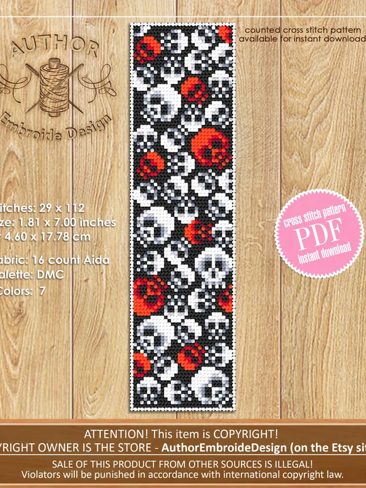 Gothic bookmark cross stitch pattern download PDF Spooky handmade bookmark pattern Halloween skulls cross stitch chart Gothic ornament #B108