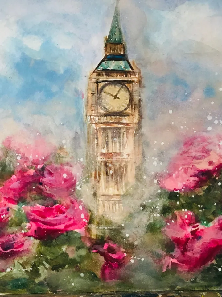 Big ben ,London painting ,original watercolour painting ,pink flowers painting,foggy landscape painting,wall art ,handmade home decoration