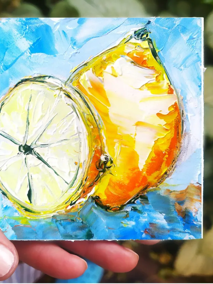 Lemons Painting Fruit Original Art Citrus Oil Impasto Artwork Small Home Wall Art 4 by 4 by ArtProkopaloSv