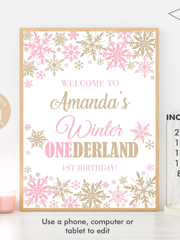 Winter Onederland Welcome Sign Pink Champagne Gold Winter Onederland 1st Birthday Girl Decorations, Snowflake Birthday, Editable Template