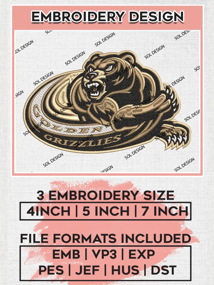 Oakland Golden Grizzlies NCAA Football Team Mascot Logo Embroidery Design Files, NCAA Oakland Golden Grizzlies Machine Embroidery, NCAA Teams, Game Day, 3 sizes, NCAA Machine embroidery designs, Digital Download
