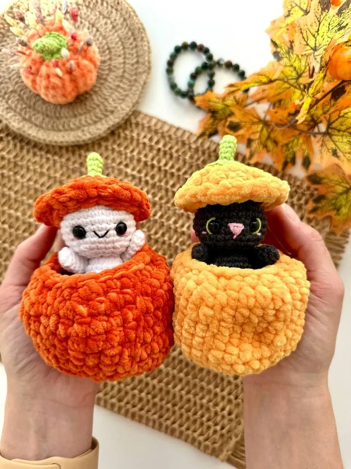 Crochet pattern black cat and ghost in pumpkin - Halloween Amigurumi toy pattern, Plush Pattern English, PDF tutorial - fall gift for baby
