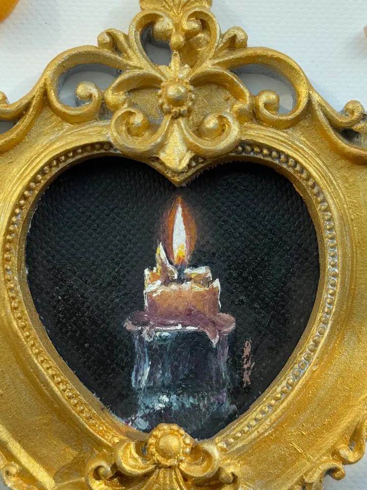 Candle Oil Painting Original In Vintage Style Frame Small Framed Still Life Art Victorian Wall Decor
