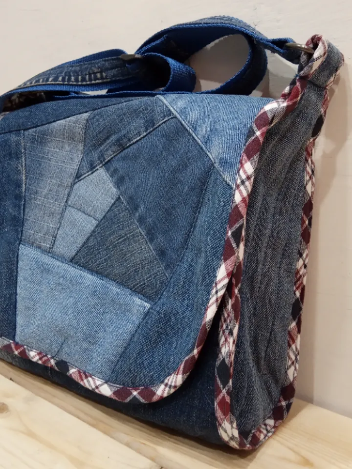 Denim original bag with a flap in the style of crazy patchwork made of eco-friendly material handmade