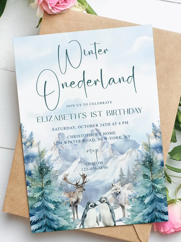 Winter Onederland Invitation | Wonderland Boy Girl First 1st Birthday Party Invite | Deer Arctic Animals Woodland Forest - I124