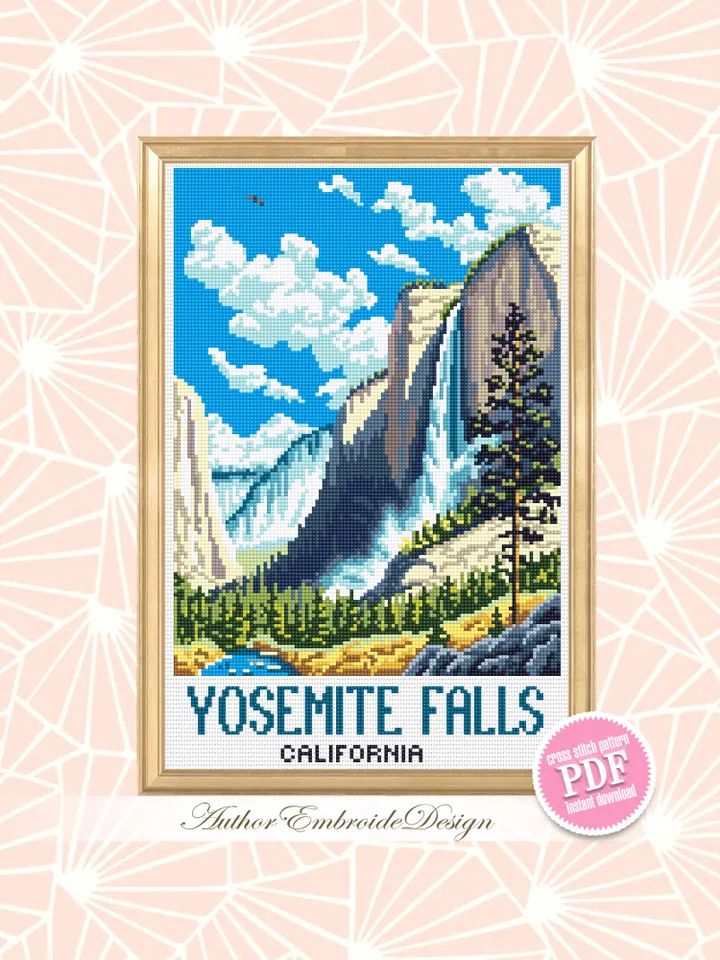 Yosemite falls national park cross stitch pattern PDF download Travel poster cross stitch chart, Mountain landscape pattern digital PDF #L96