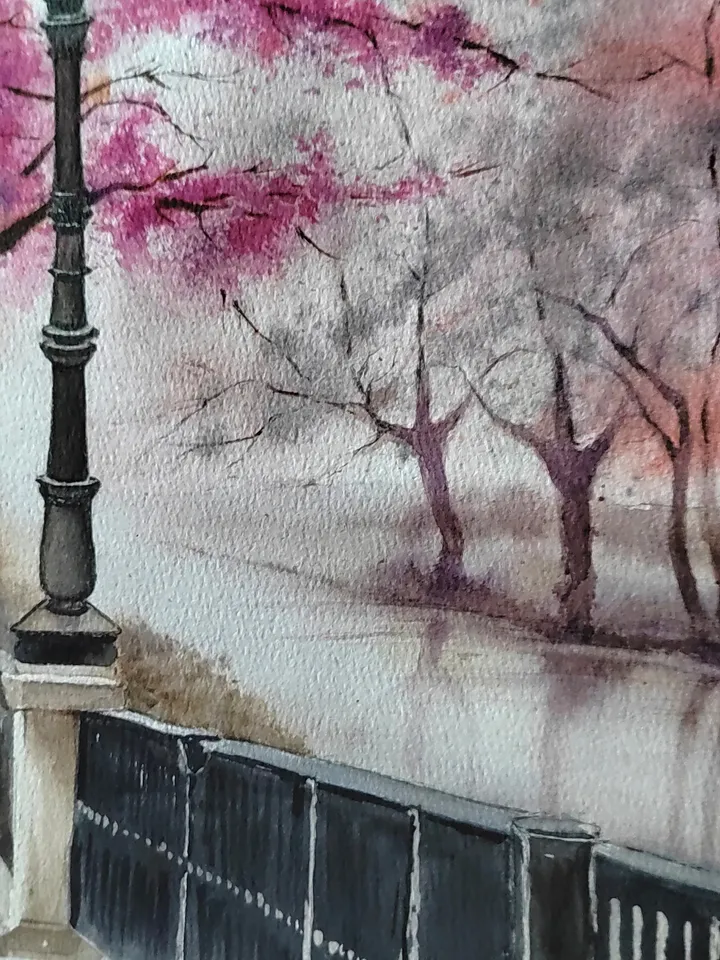 Original Watercolor Painting Urban Landscape Art Autumn Embankment Artwork Rainy Day Picture 30x40 cm by SoftWaves