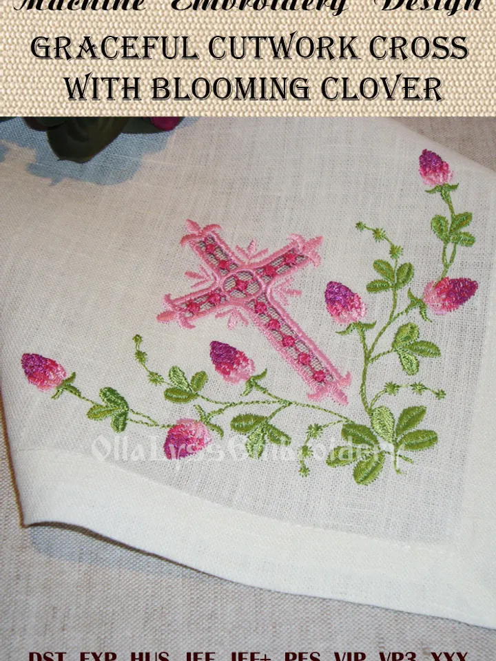 Graceful Cutwork Cross with Blooming Clover embroidery design