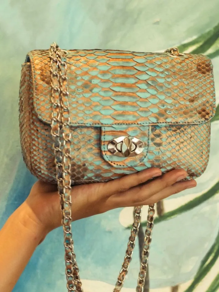 Light blue Crossbody Bag Genuine Python Skin | Adjustable Chain Classy Elegant Bright Blue Crossbody Small Lady Summer Bag | Python Purse