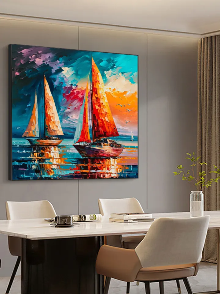 Original Colorful Sailboat Oil Painting on Canvas, Abstract Seascape Acrylic Painting Large Wall Art Custom Painting Living Room Wall Decor