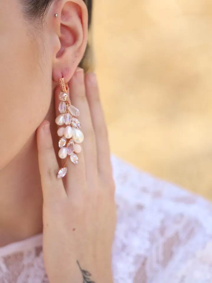 Blush Opal Rose Gold Wedding Earrings, Swarovski Crystal Chandelier Statement Bridal Earrings, Freshwater Pearl Wedding Jewelry For bride,