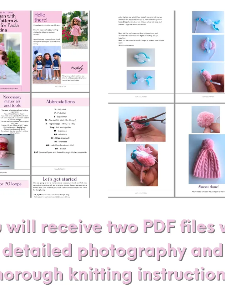 PDF Knitting Pattern Tutorial Cardigan & Hat for Paola Reina doll (12"/32 cm) eng