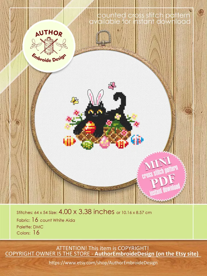 Set Black cat cross stitch pattern PDF download Easter cross stitch chart, Mini cat pattern digital PDF, Easter eggs, Cat holiday cards #T41