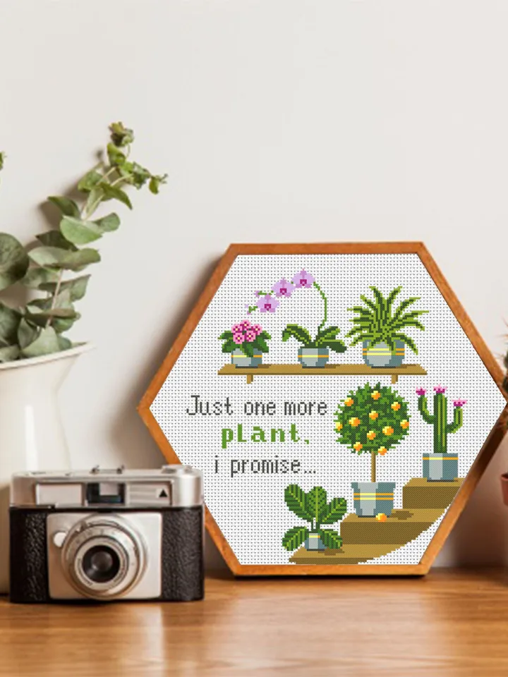Potted plants cross stitch pattern download PDF, Just one more plant quote cross stitch, House plant hand embroidery PDF, Garden stitch #P30