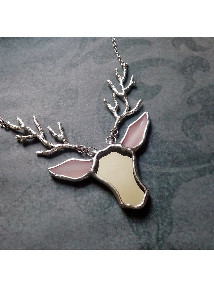 Deer antler jewelry, Deer head necklace, Noel, Yule jewelry. Christmas deer, stag head pendant